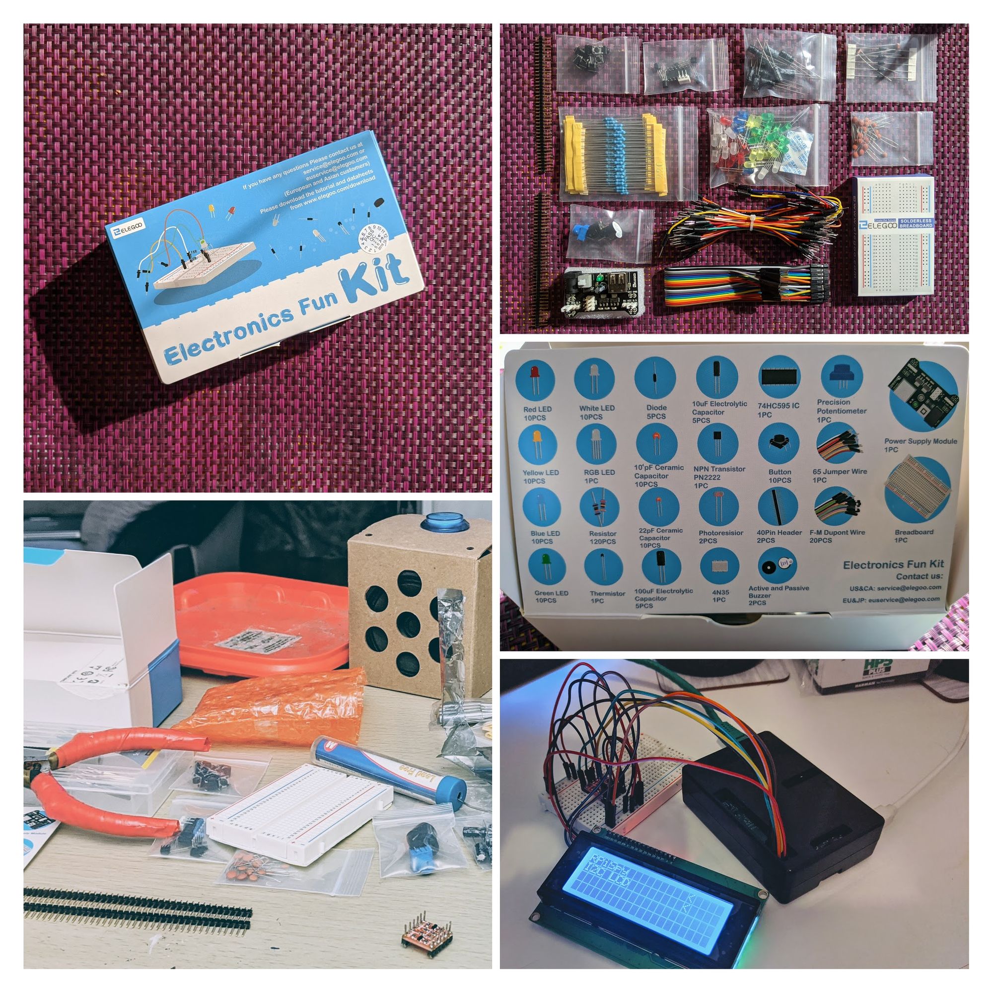 A composite showing; Elegoo Electronics Fun Kit box; box contents; diagram showing different compoonents; the completed prototype showing RPiSpy text from test script on screen